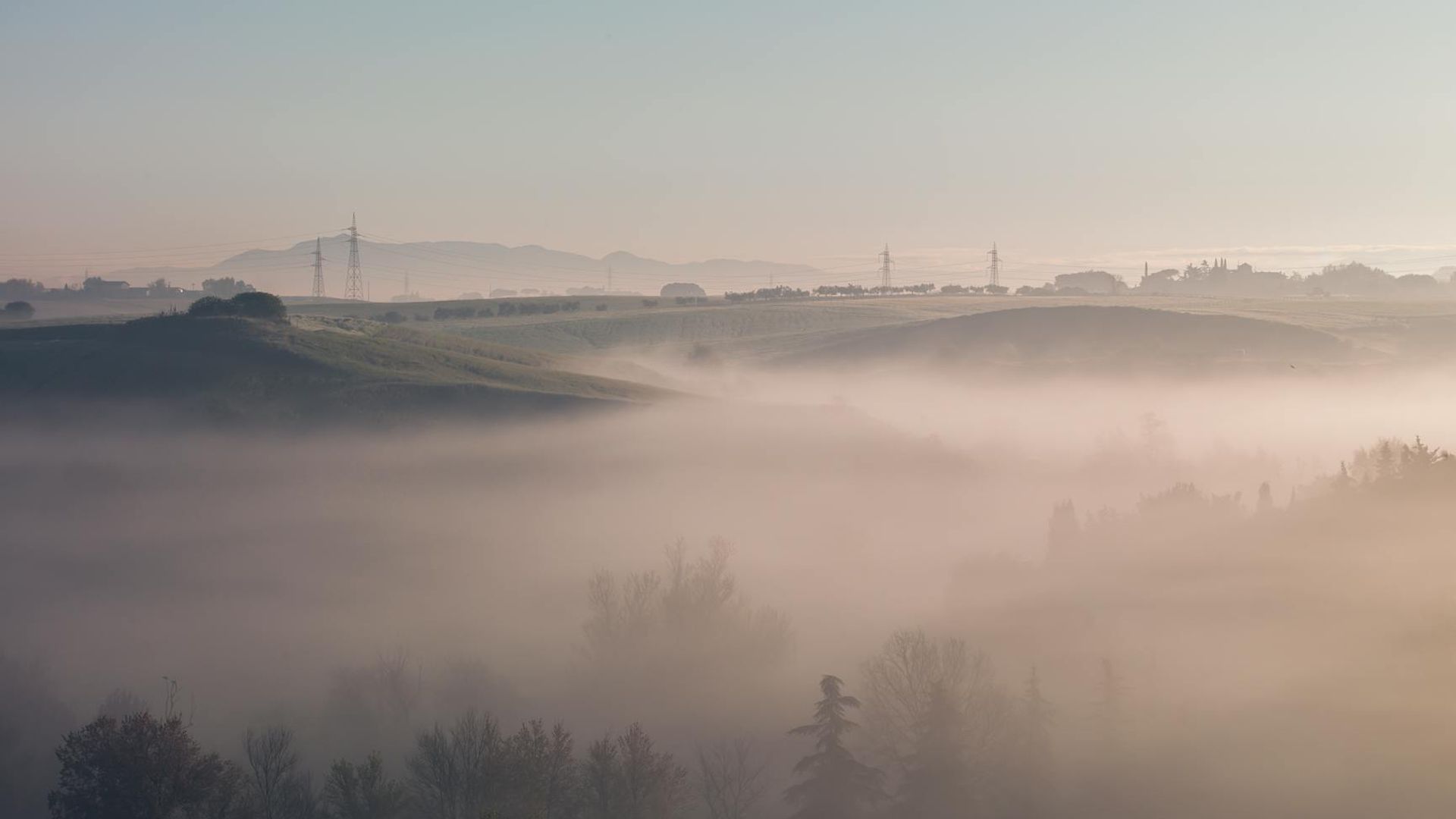 Beautiful landscape with soft green hills and morning mist